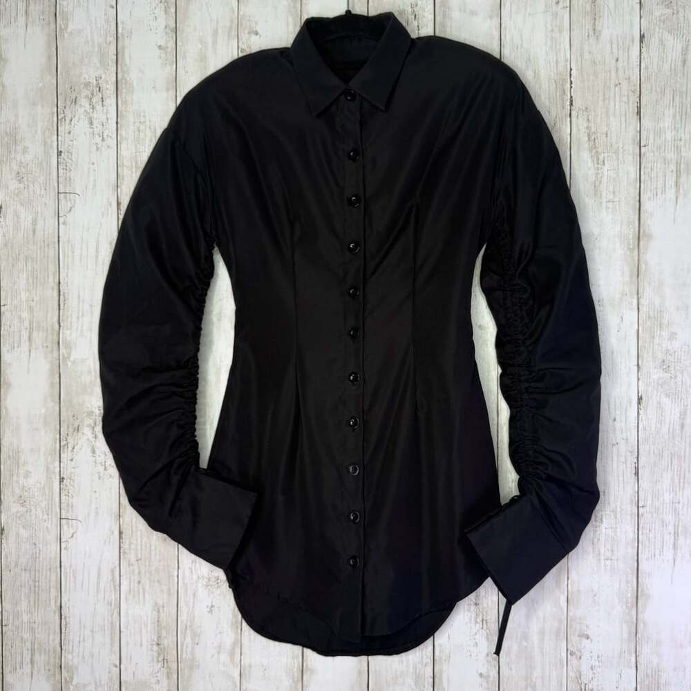 SHEIN Petite XS Black Long Sleeve Ruched Button-Up Shirt